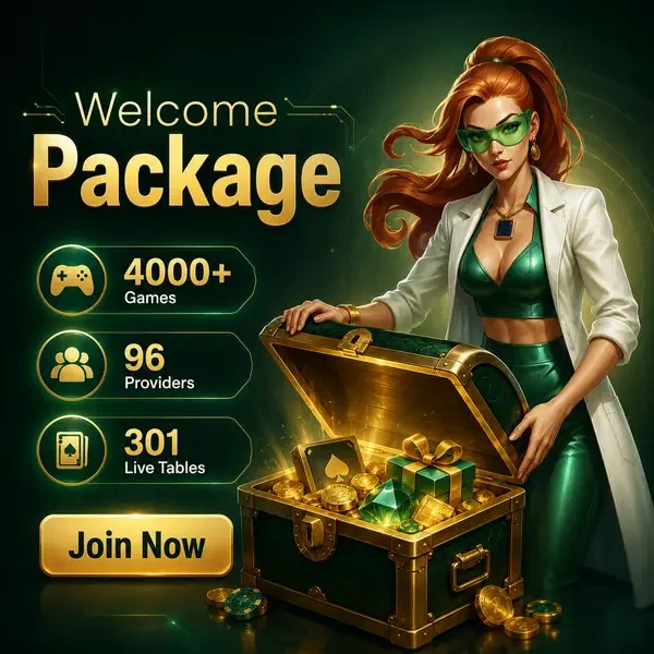 Postać innowatora odsłaniająca skrzynię skarbów z nagrodami bonusowymi powitalnymi w Boomzino Casino