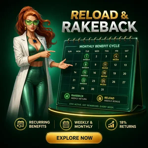 Profesjonalna kobieta w fartuchu laboratoryjnym wskazująca na kalendarz rakeback przy Recurring Reload Calendar and Rakeback System signup