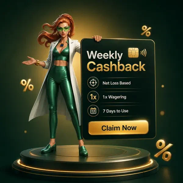 Gracz odbierający cotygodniowy bonus cashback z kartą premium na eleganckiej futurystycznej platformie