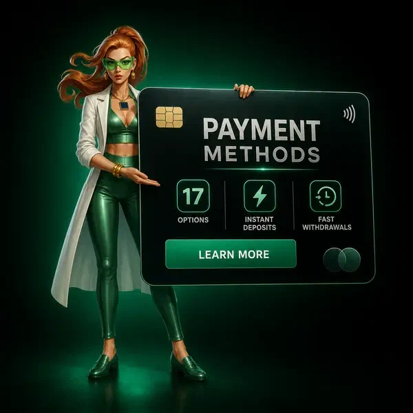Expert en paiement confiant présentant une carte bancaire premium chez Boomzino Casino avec options de dépôt instantané